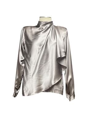 Cathy Hardwick 100% Silk Long Sleeve Button Tie High Neckline Gray Tan Taupe 8
